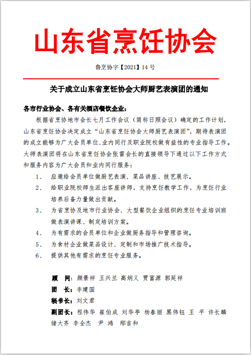 喜讯——山东省烹饪协会成立大师厨艺表演团